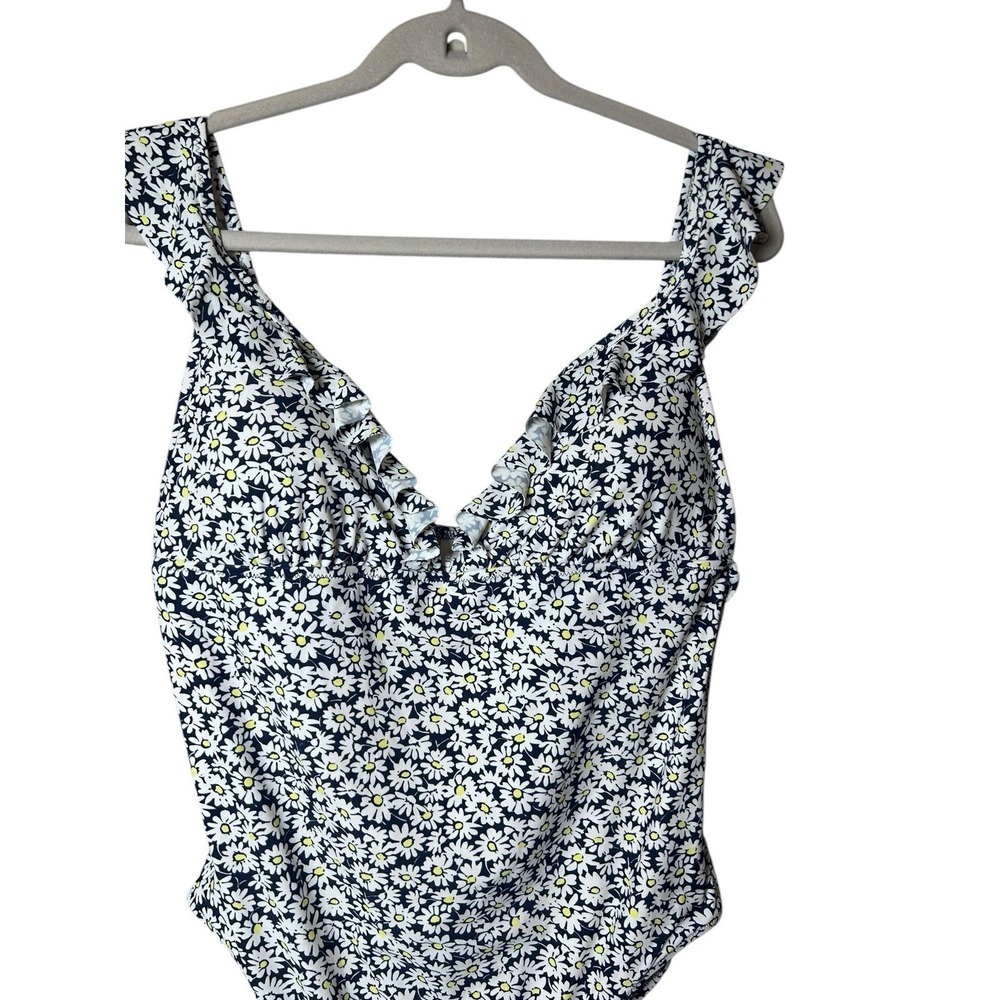 J. Crew Women's XL Daisy Floral One Piece Swimsuit Ruffle V Neck Navy - Picture 6 of 9